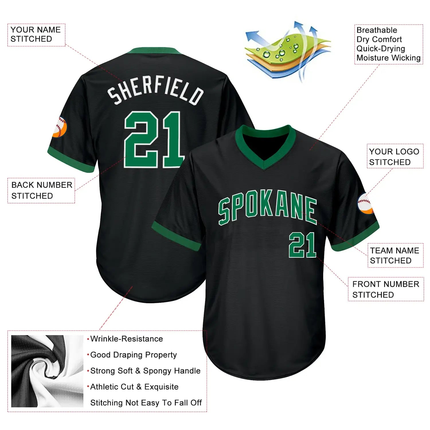 Custom Throwback Baseball Jersey Black Kelly Green White Sublimation, Custom Name Number, Men Youth Unisex