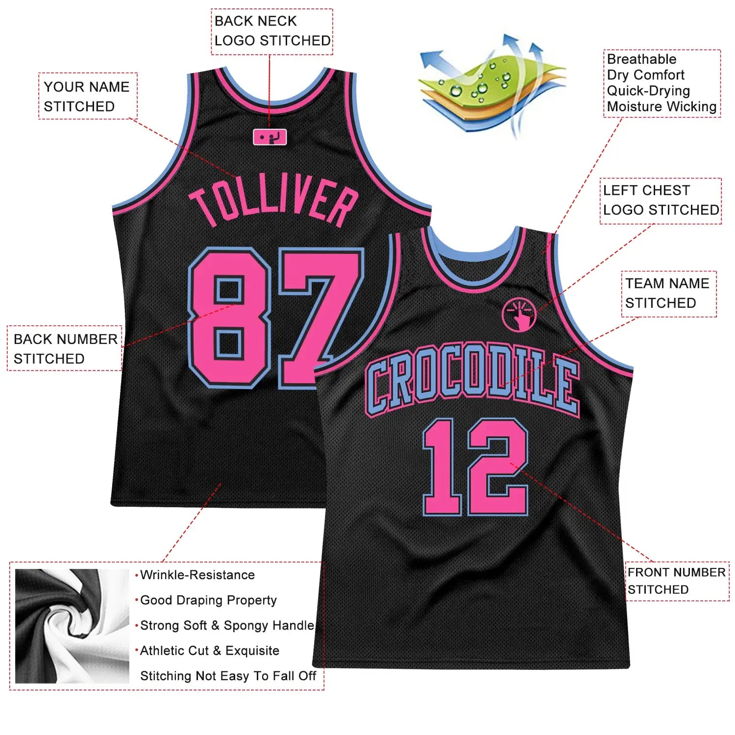 Custom Throwback Basketball Jersey Black Light Blue Pink Sublimation, Team Uniform Kit, Custom Name Number, Unisex Men Women Youth