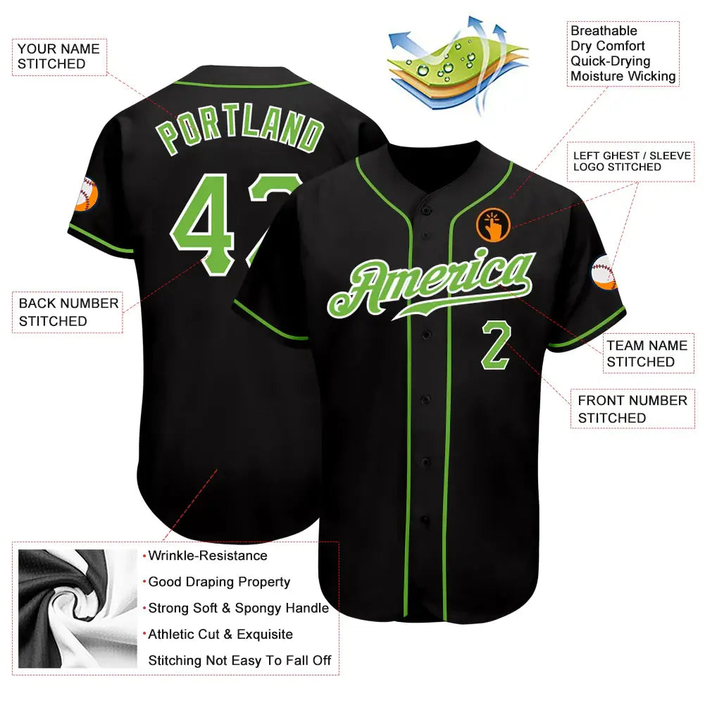 Custom Baseball Jersey Black Neon Green White Sublimation, Custom Name Number, Men Youth Unisex