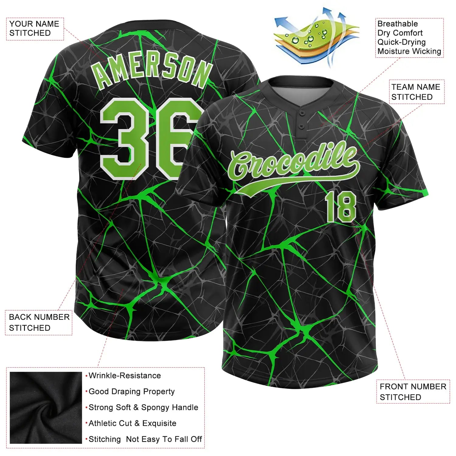 Custom 2-Button Softball Jersey 3D Pattern Black Neon Green Kelly Green Sublimation, Custom Name Number, Women Girls Unisex Youth