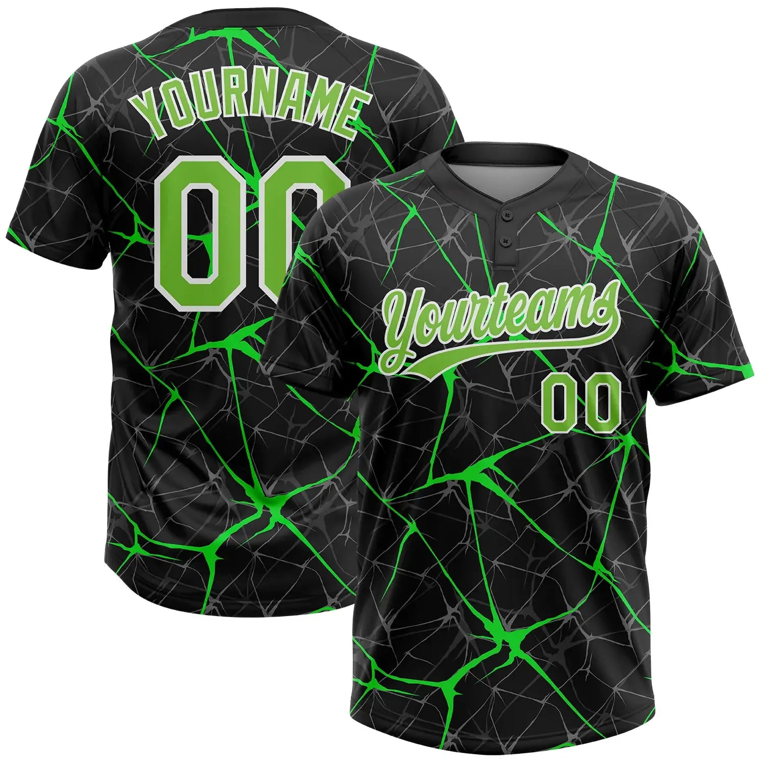 Custom 2-Button Softball Jersey 3D Pattern Black Neon Green Kelly Green Sublimation, Custom Name Number, Women Girls Unisex Youth