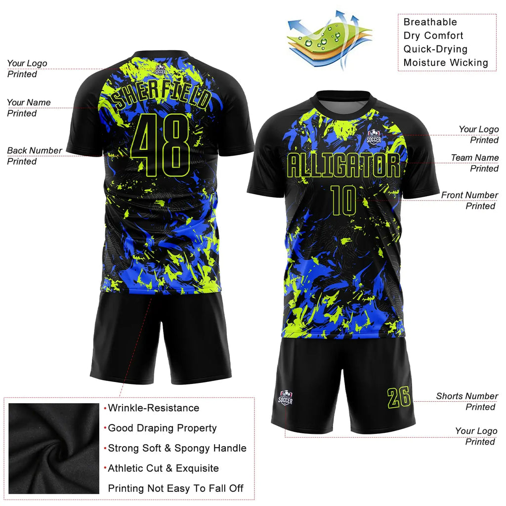 Custom Soccer Jersey Black Neon Green Royal Sublimation, Team Uniform Kit, Custom Name Number, Unisex Men Women Youth