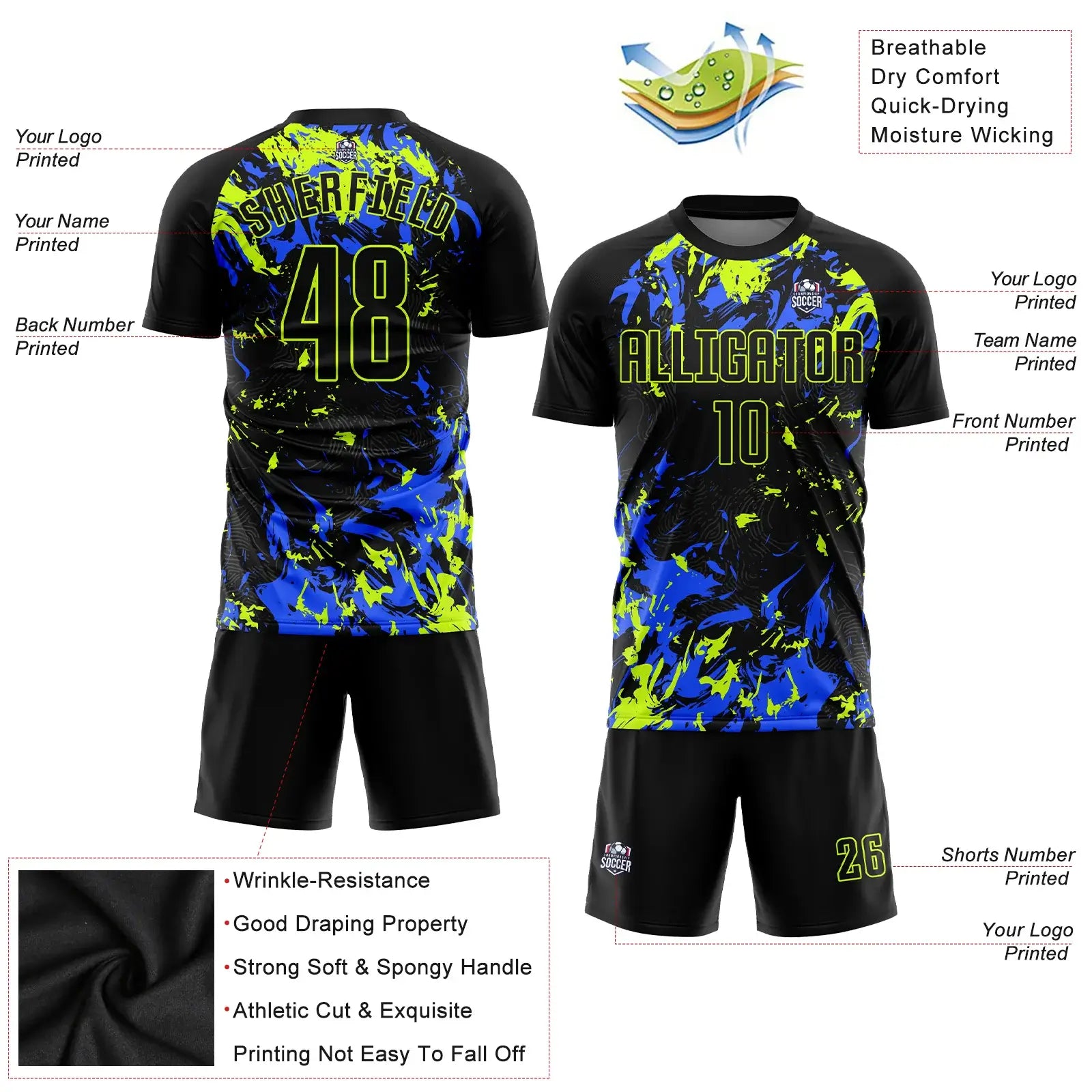 Custom Soccer Jersey Black Neon Green Royal Sublimation, Team Uniform Kit, Custom Name Number, Unisex Men Women Youth