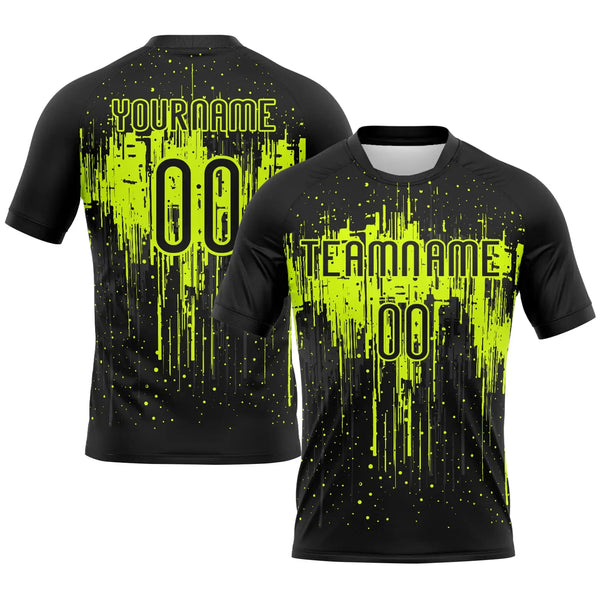Custom Volleyball Jersey Black Black Neon Green Dripping Splatter Art Sublimation, Custom Name Number, Women Girls Unisex Youth