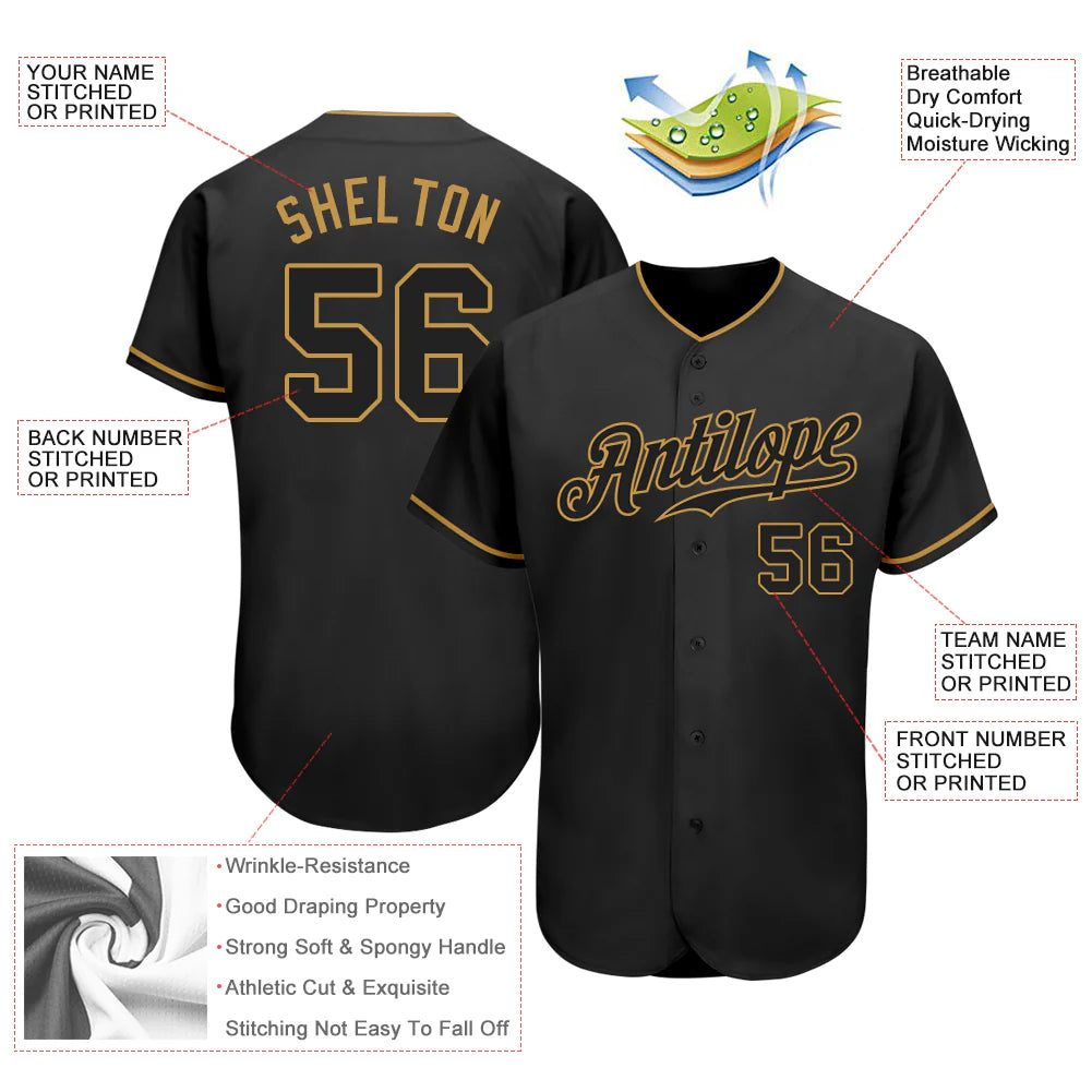 Custom Baseball Jersey Black Old Gold Sublimation, Custom Name Number, Men Youth Unisex