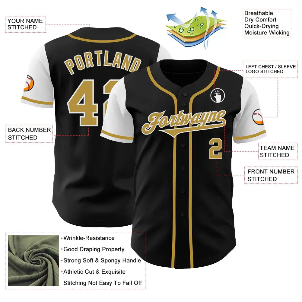 Custom Two Tone Baseball Jersey Black Old Gold White Sublimation, Custom Name Number, Men Youth Unisex