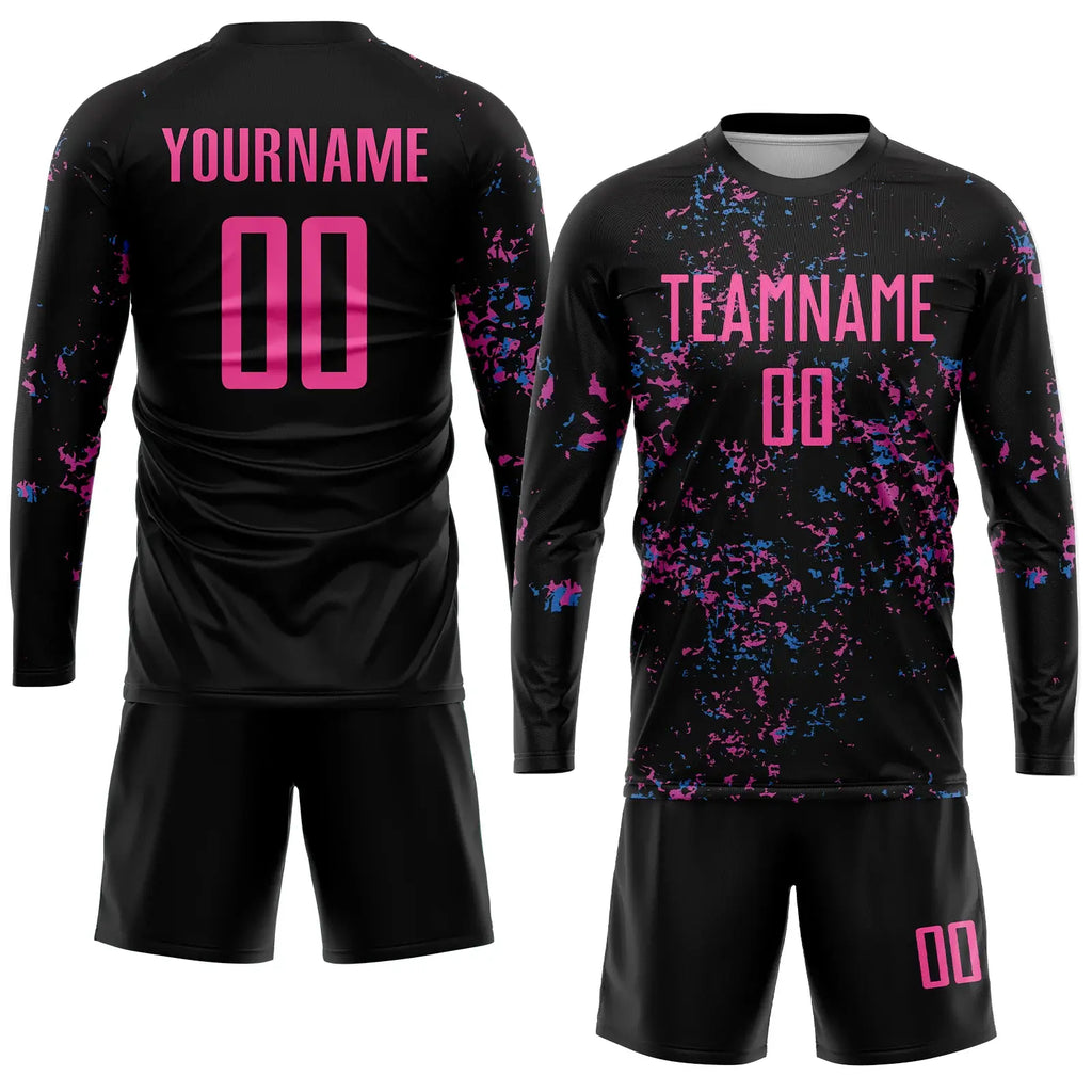 custom black pink-light blue sublimation long sleeves soccer uniform jersey with shorts