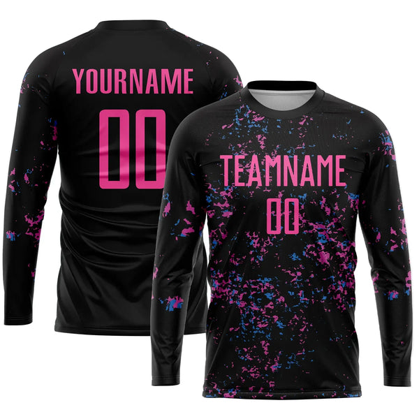 custom black pink-light blue sublimation long sleeves soccer uniform jersey with shorts