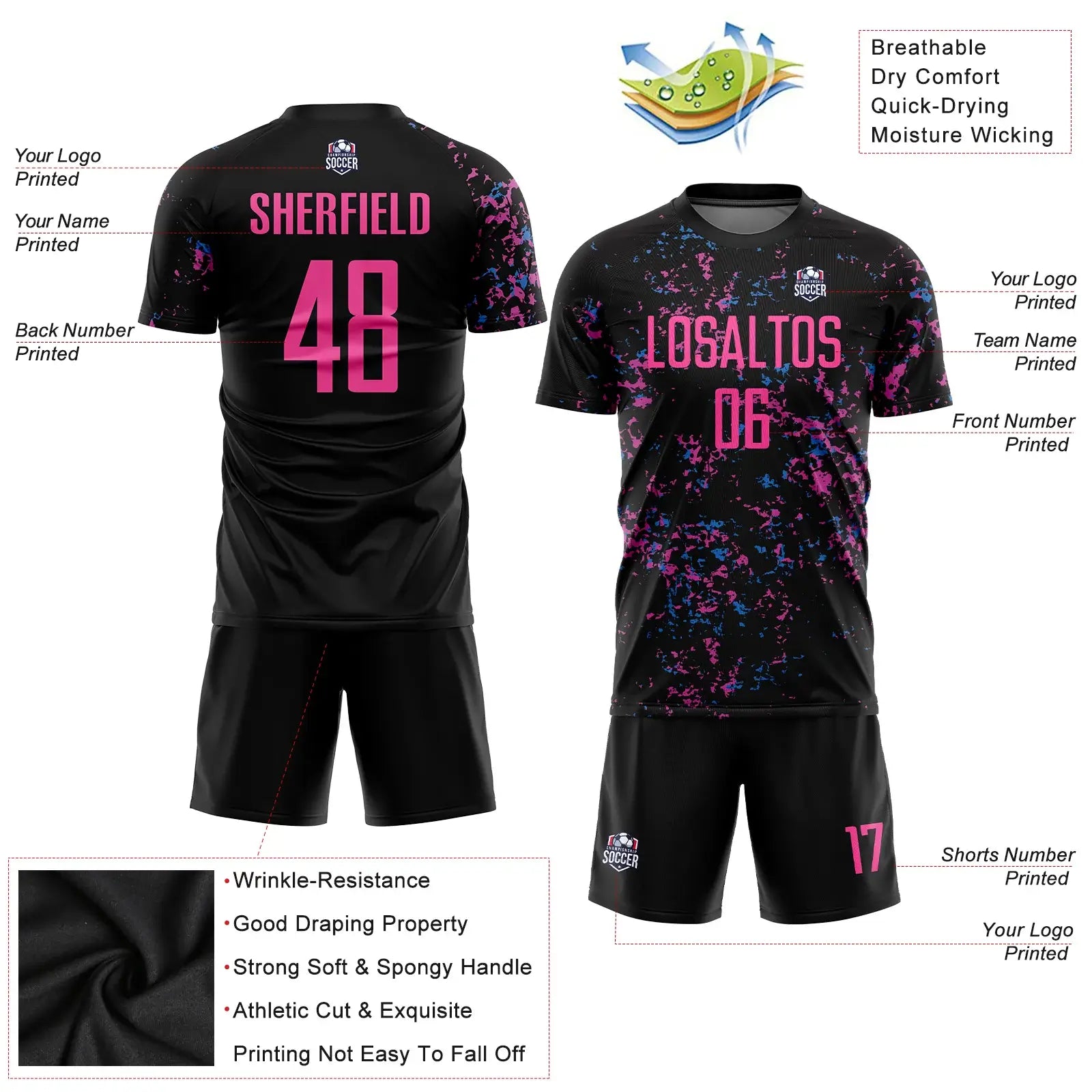 custom black pink-light blue sublimation long sleeves soccer uniform jersey with shorts