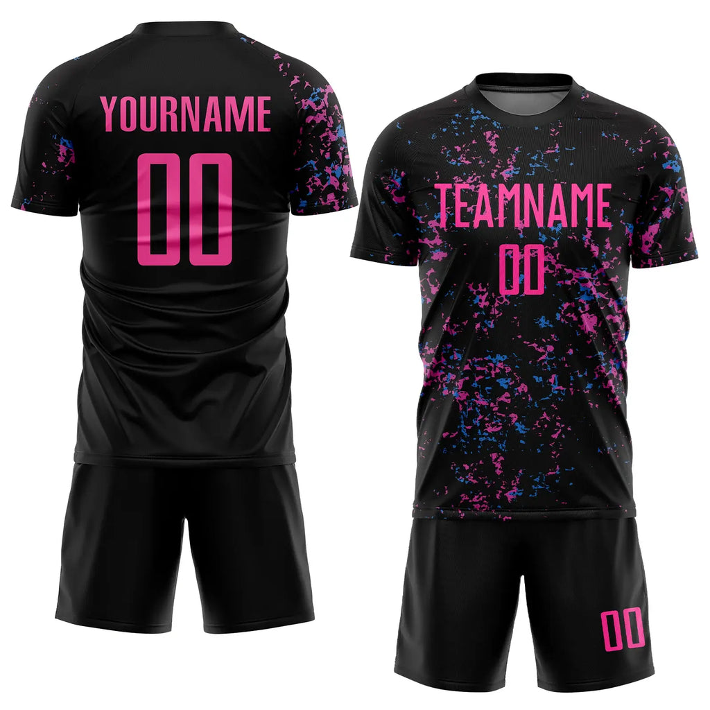 custom black pink-light blue sublimation long sleeves soccer uniform jersey with shorts