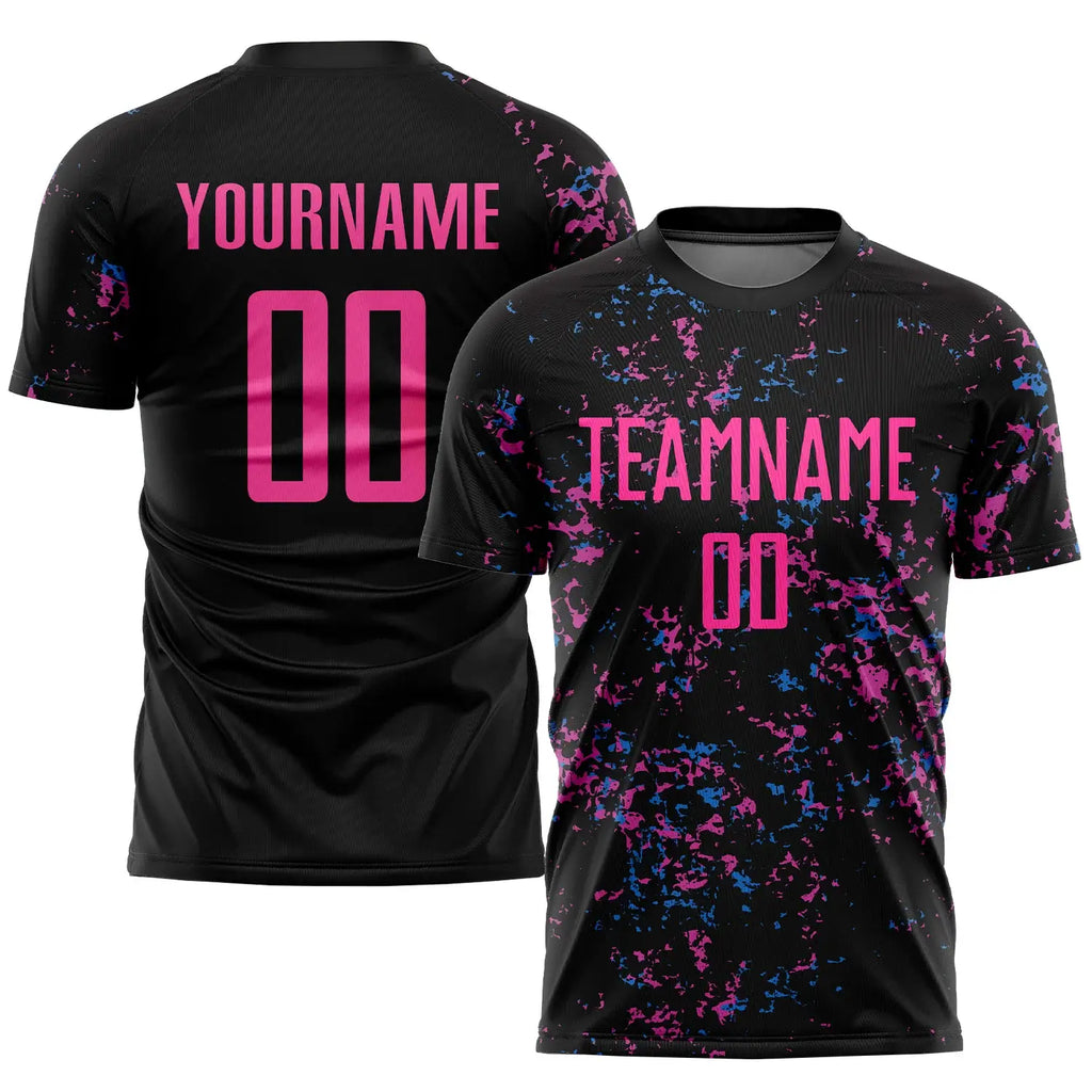 custom black pink-light blue sublimation long sleeves soccer uniform jersey with shorts