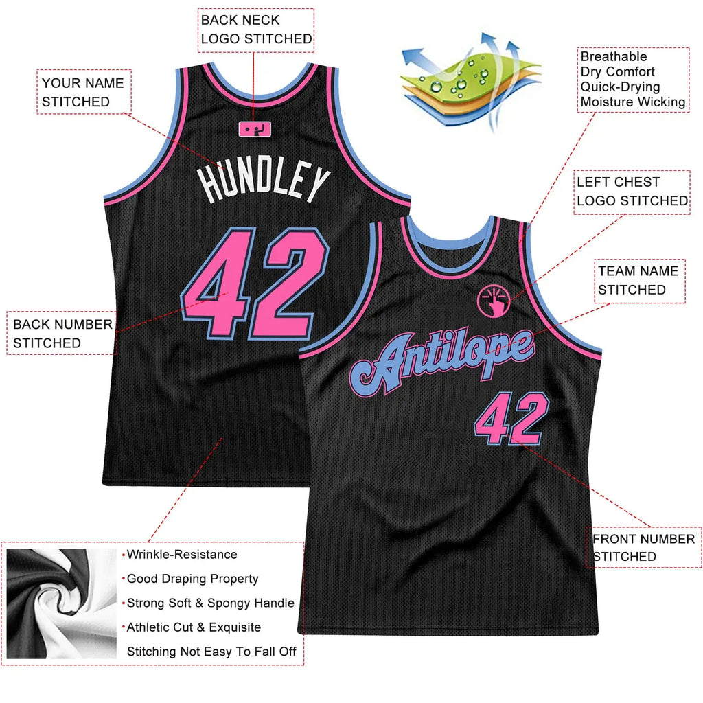 Custom Throwback Basketball Jersey Black Pink Light Blue Sublimation, Team Uniform Kit, Custom Name Number, Unisex Men Women Youth
