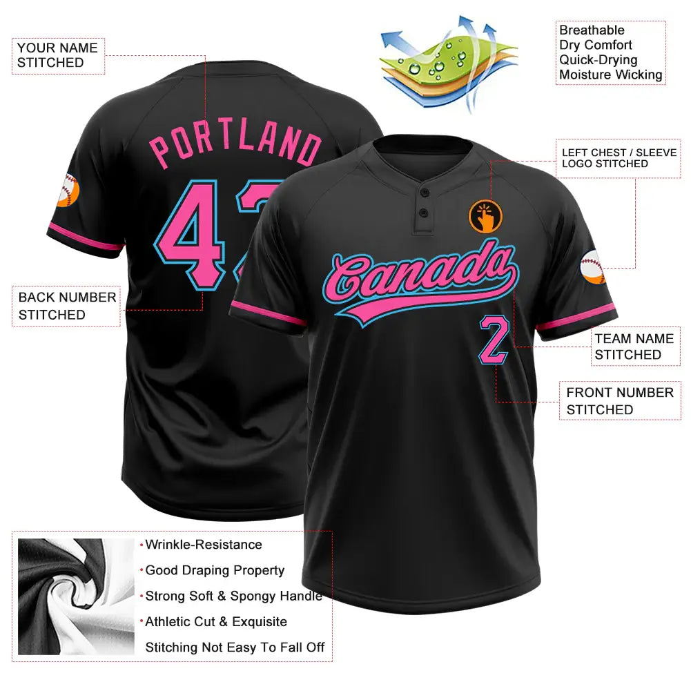 Custom 2-Button Softball Jersey Black Pink Sky Blue Sublimation, Custom Name Number, Women Girls Unisex Youth