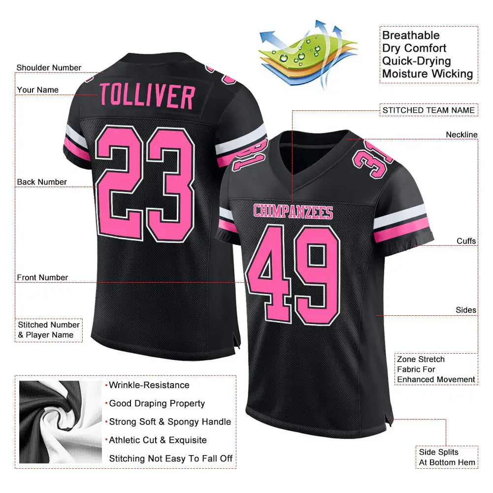 Custom Mesh Football Jersey Black Pink White Pro Style Sublimation, Custom Name Number, Men Youth Unisex