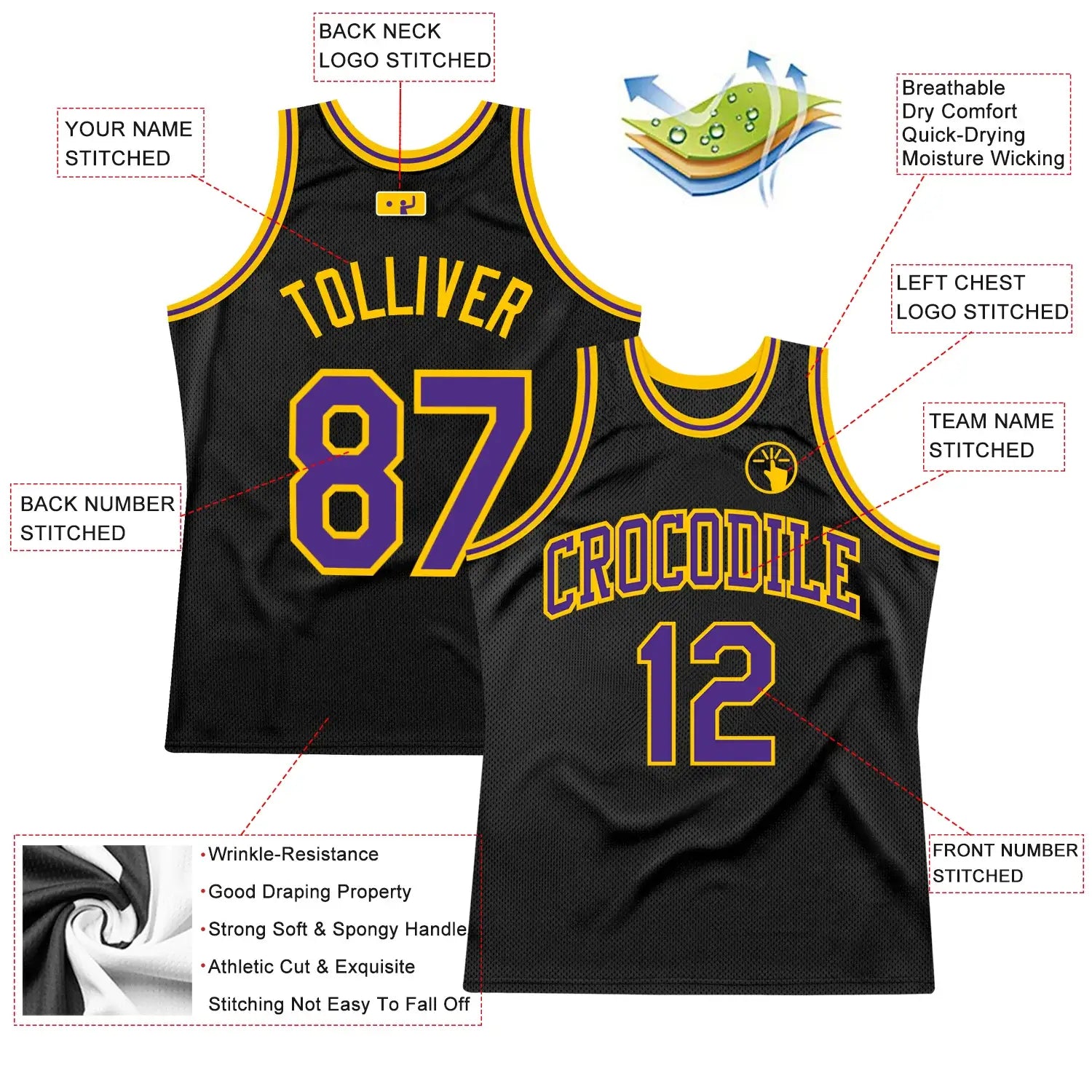 Custom Throwback Basketball Jersey Black Purple Gold Sublimation, Team Uniform Kit, Custom Name Number, Unisex Men Women Youth