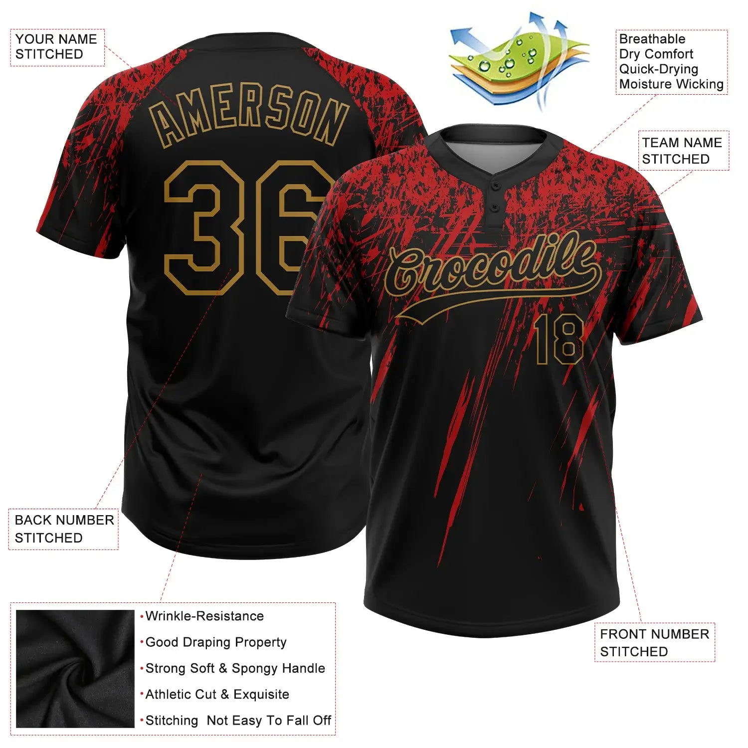 Custom 2-Button Softball Jersey 3D Pattern Black Red Old Gold Sublimation, Custom Name Number, Women Girls Unisex Youth