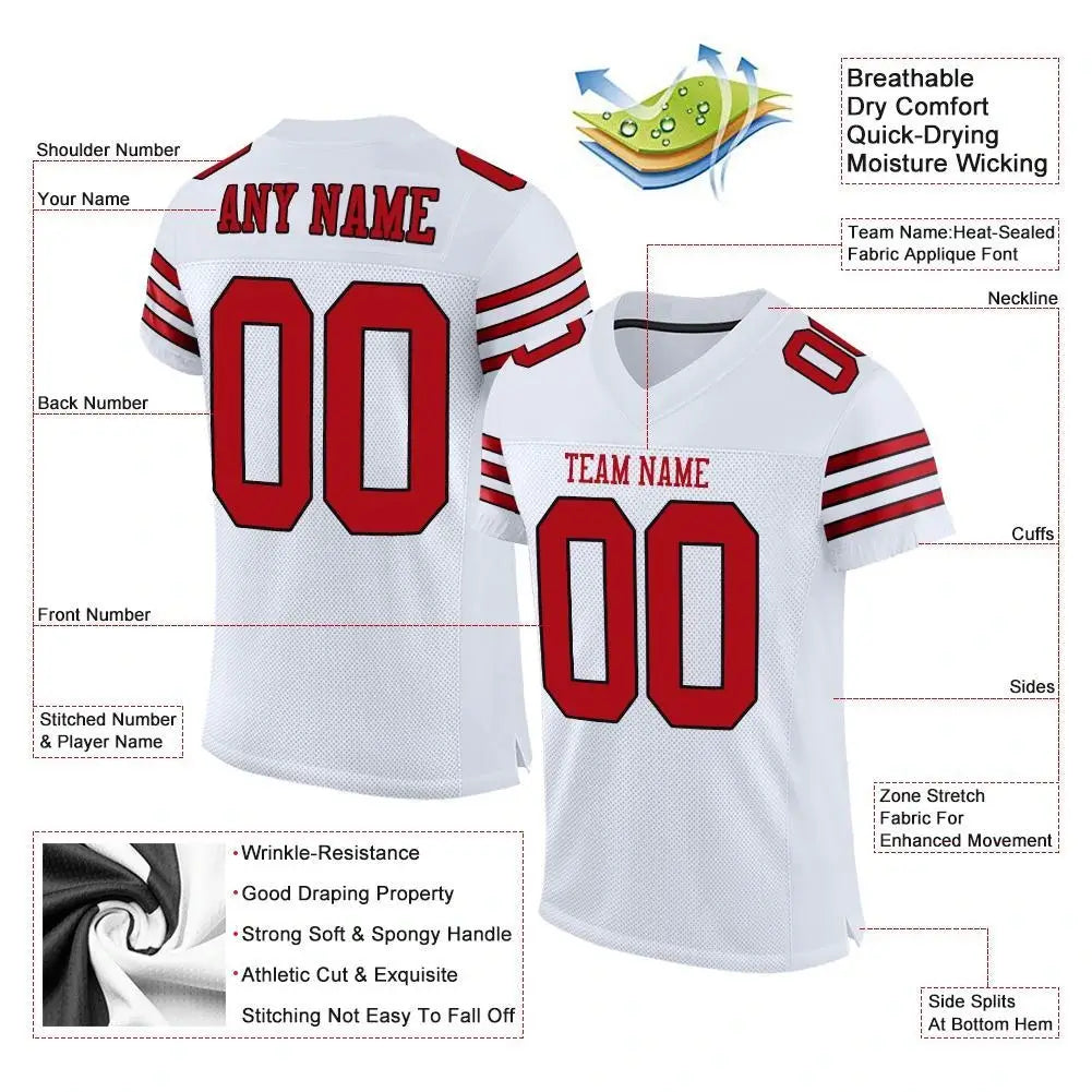 Custom Mesh Football Jersey White Red Black Pro Style Sublimation, Custom Name Number, Men Youth Unisex