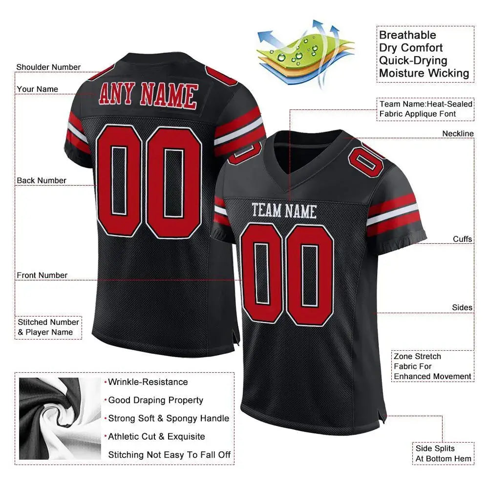 Custom Mesh Football Jersey Black Red White Pro Style Sublimation, Custom Name Number, Men Youth Unisex