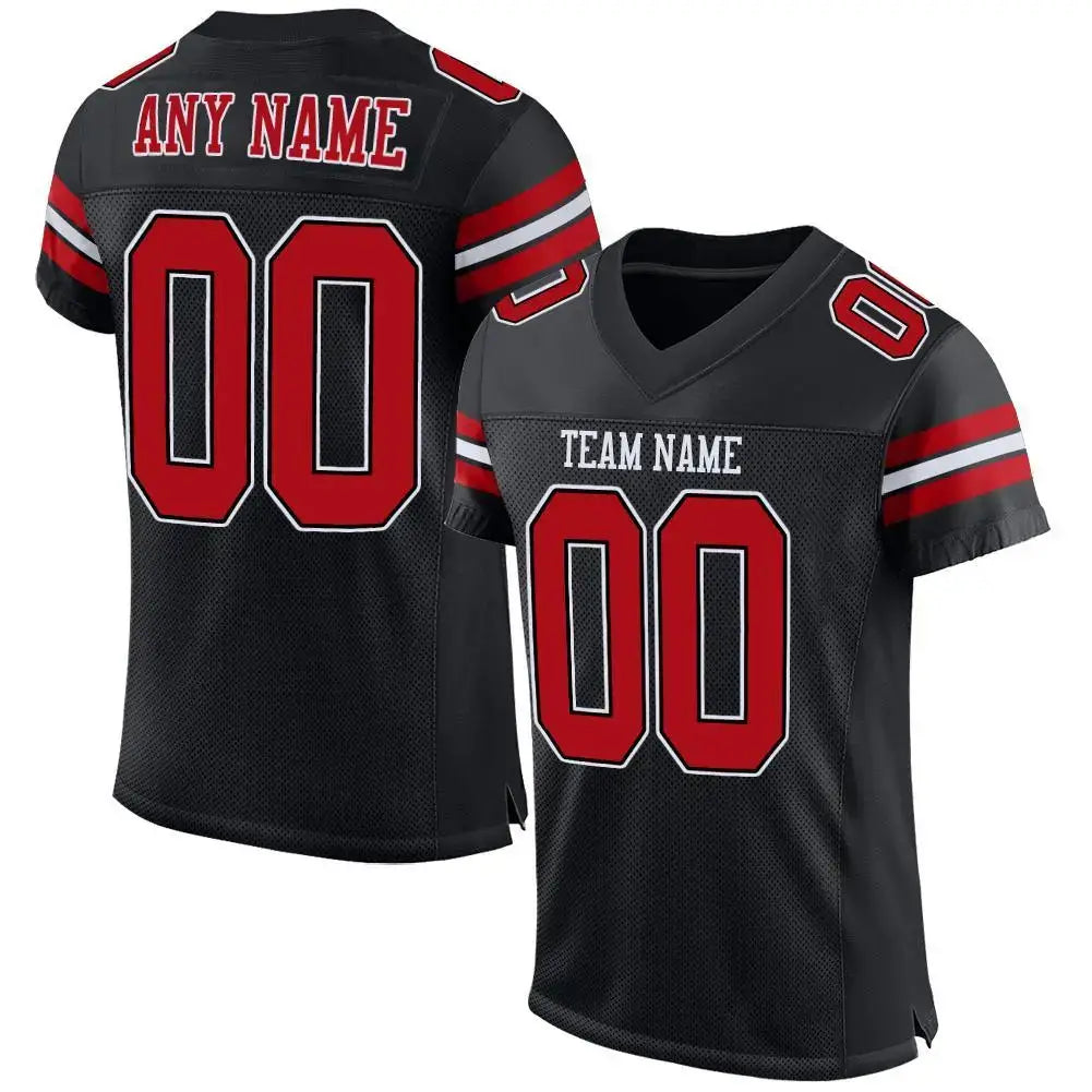 Custom Mesh Football Jersey Black Red White Pro Style Sublimation, Custom Name Number, Men Youth Unisex
