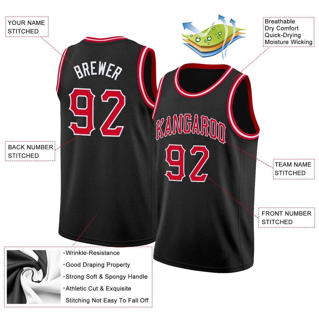 Custom Basketball Jersey Black Red White Round Neck Rib Knit Sublimation, Team Uniform Kit, Custom Name Number, Unisex Men Women Youth