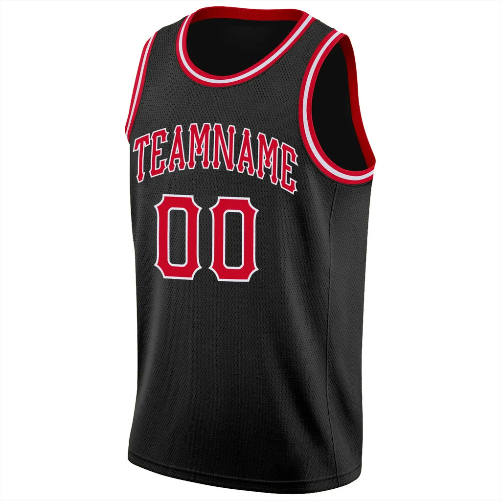 Custom Basketball Jersey Black Red White Round Neck Rib Knit Sublimation, Team Uniform Kit, Custom Name Number, Unisex Men Women Youth