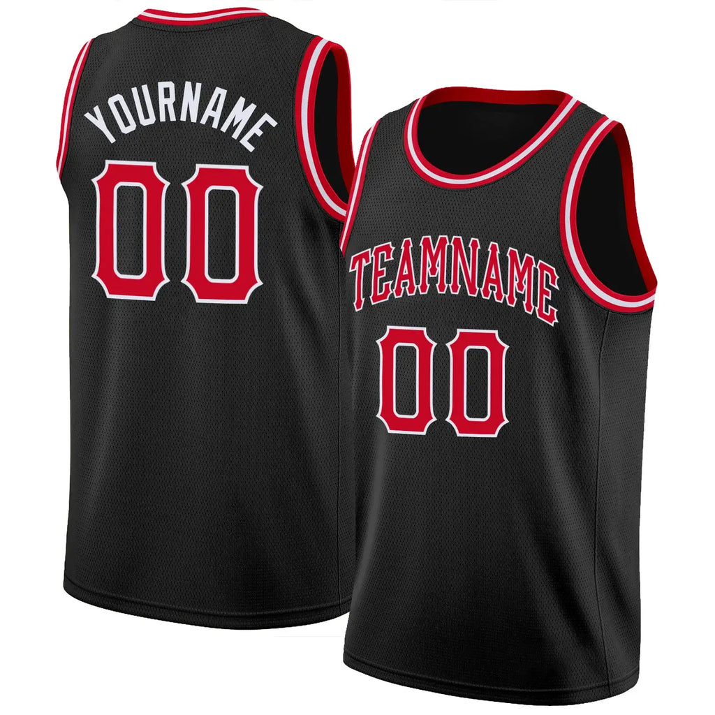 Custom Basketball Jersey Black Red White Round Neck Rib Knit Sublimation, Team Uniform Kit, Custom Name Number, Unisex Men Women Youth