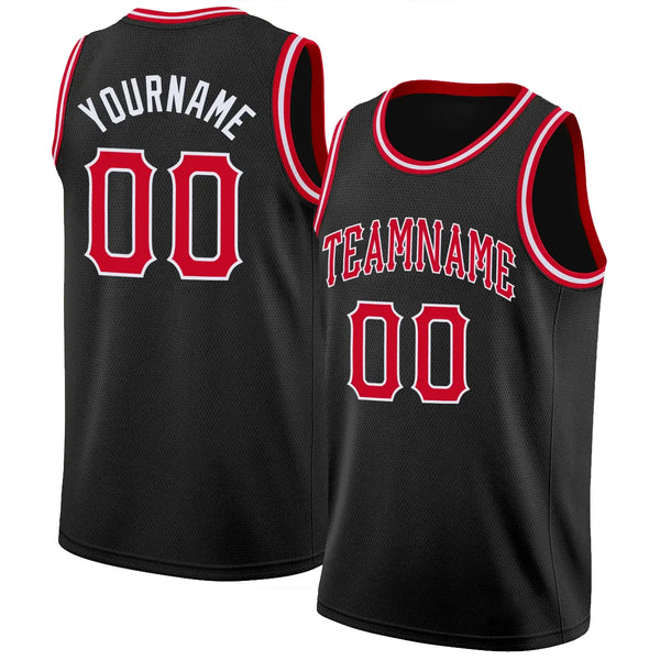 Custom Basketball Jersey Black Red White Round Neck Rib Knit Sublimation, Team Uniform Kit, Custom Name Number, Unisex Men Women Youth