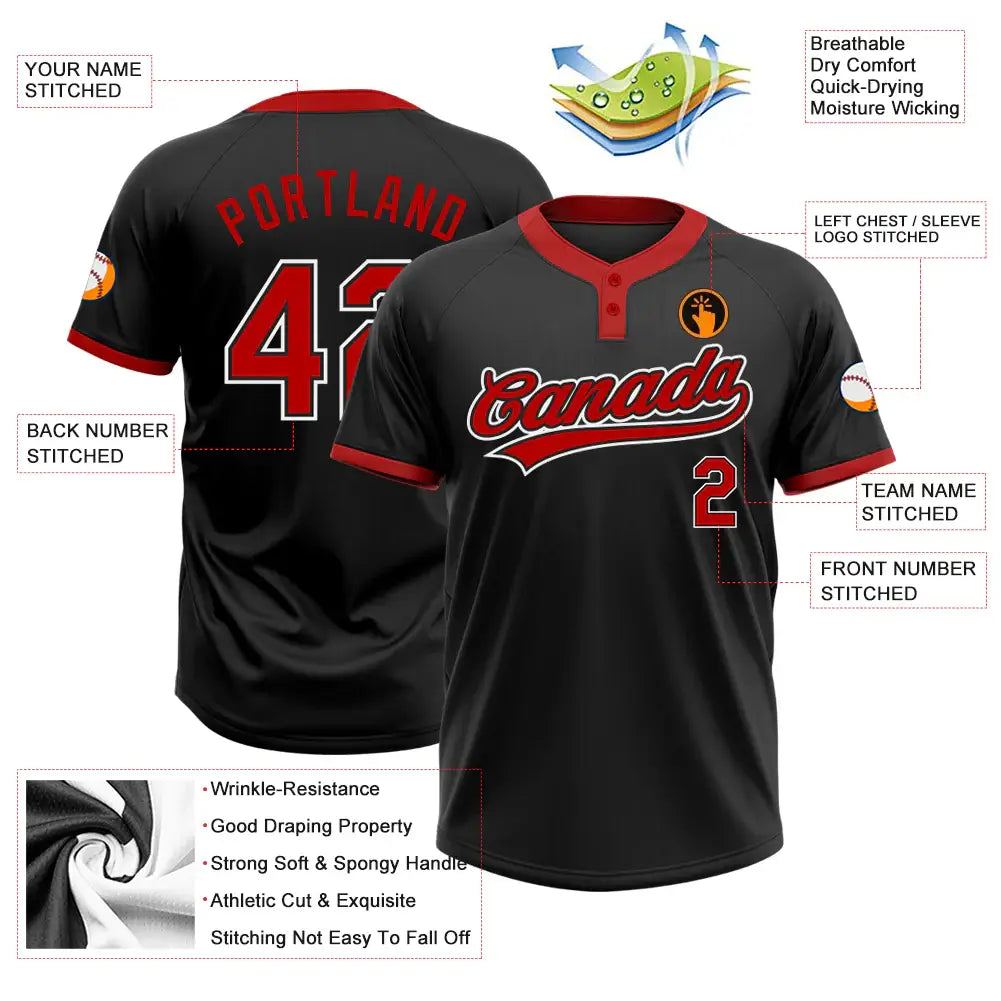 Custom 2-Button Softball Jersey Black Red White Sublimation, Custom Name Number, Women Girls Unisex Youth