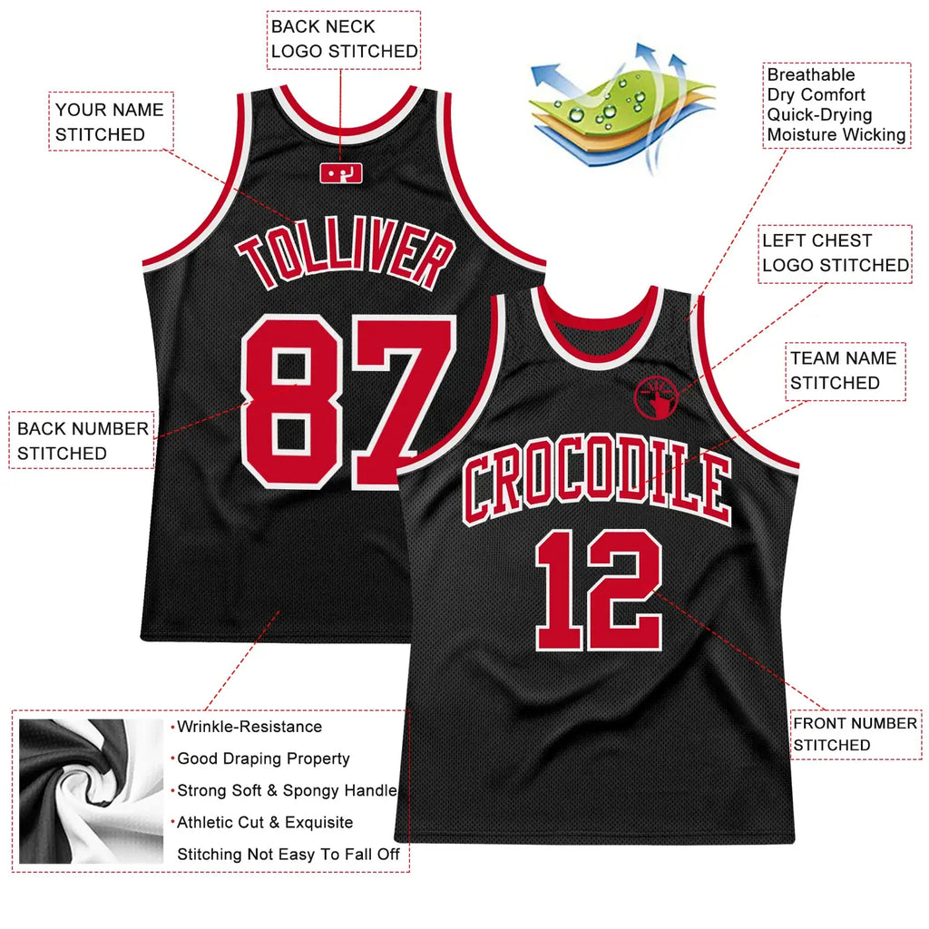 Custom Throwback Basketball Jersey Black Red White Sublimation, Team Uniform Kit, Custom Name Number, Unisex Men Women Youth