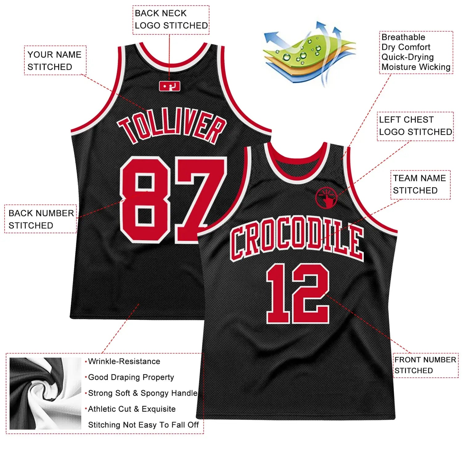 Custom Throwback Basketball Jersey Black Red White Sublimation, Team Uniform Kit, Custom Name Number, Unisex Men Women Youth