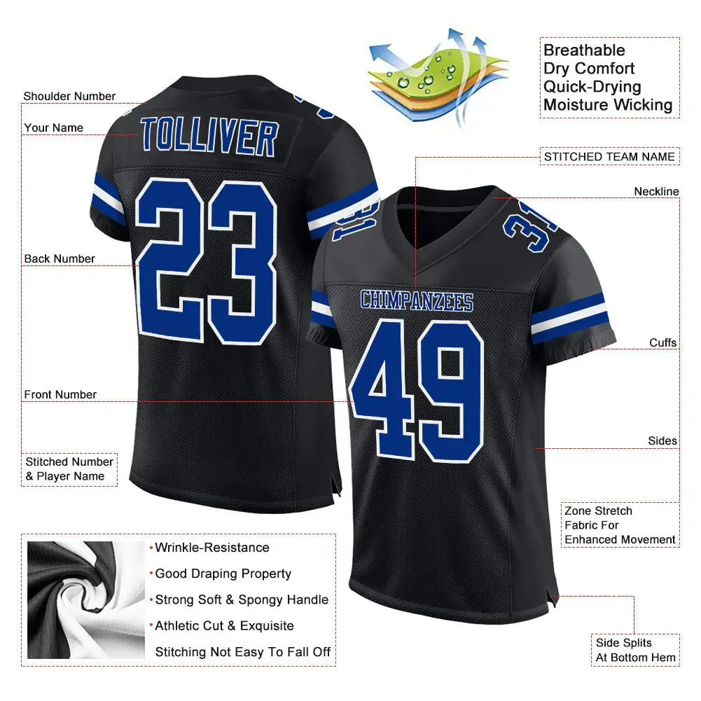 Custom Mesh Football Jersey Black Royal White Pro Style Sublimation, Custom Name Number, Men Youth Unisex