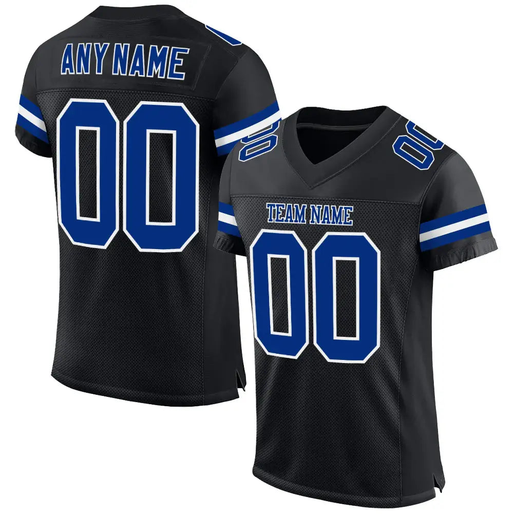 Custom Mesh Football Jersey Black Royal White Pro Style Sublimation, Custom Name Number, Men Youth Unisex