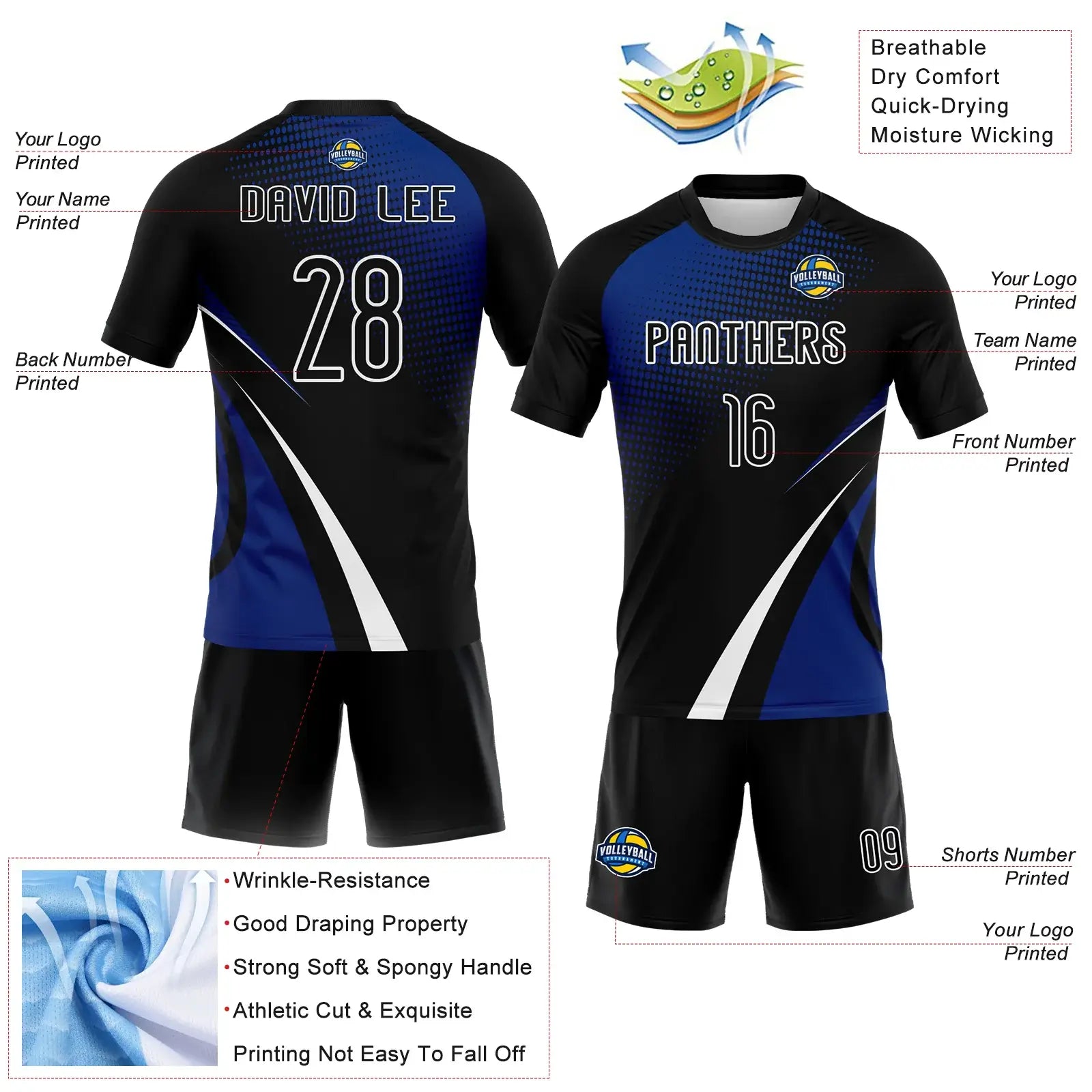 Custom Volleyball Jersey Black Thunder Blue White Lines And Dots Sublimation, Custom Name Number, Women Girls Unisex Youth