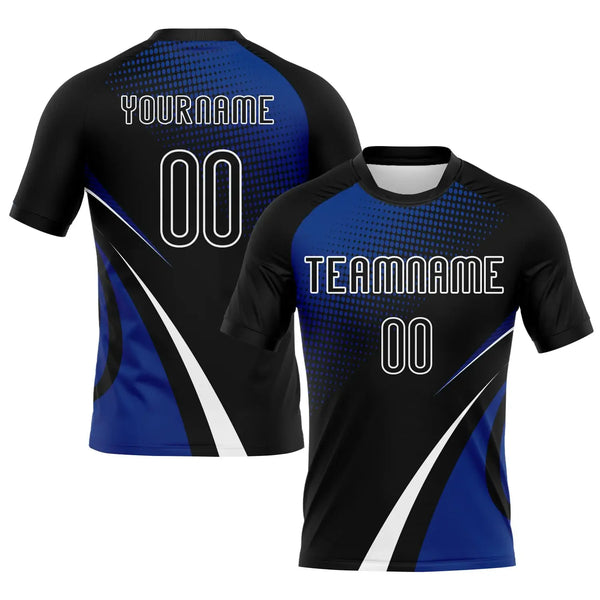 Custom Volleyball Jersey Black Thunder Blue White Lines And Dots Sublimation, Custom Name Number, Women Girls Unisex Youth