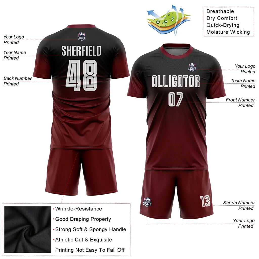 Custom Soccer Jersey Black White Crimson Fade Fashion Sublimation, Team Uniform Kit, Custom Name Number, Unisex Men Women Youth