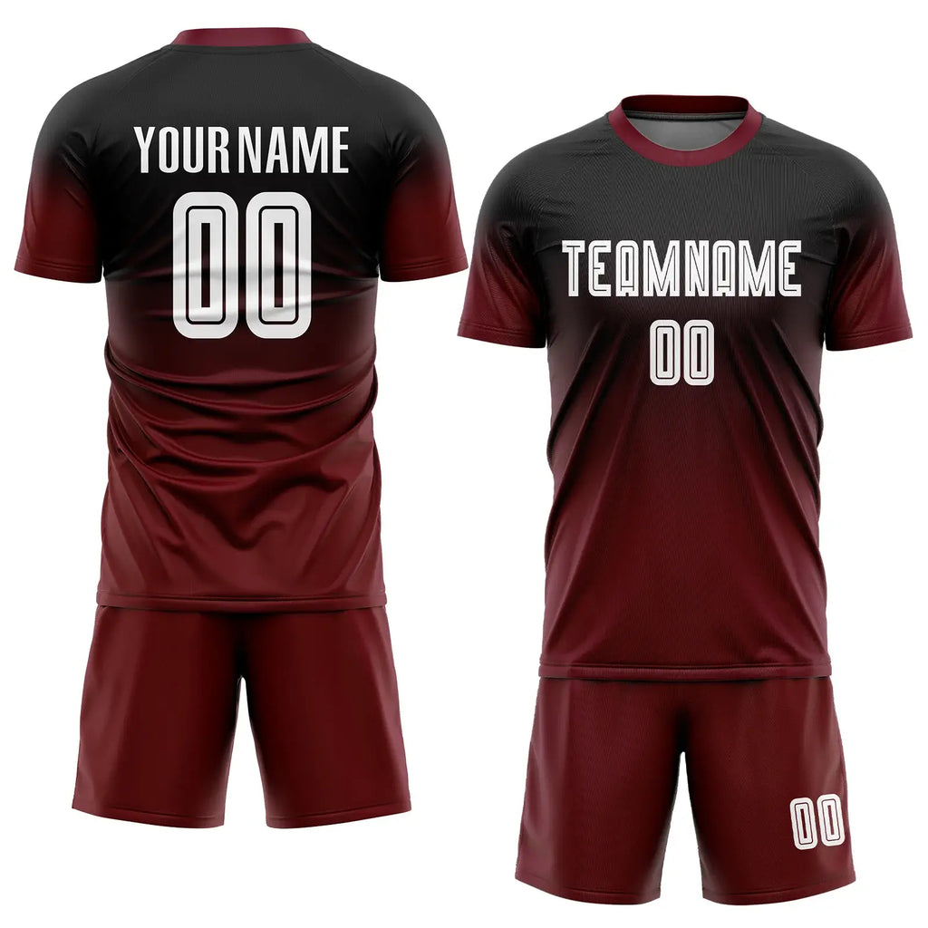 Custom Soccer Jersey Black White Crimson Fade Fashion Sublimation, Team Uniform Kit, Custom Name Number, Unisex Men Women Youth