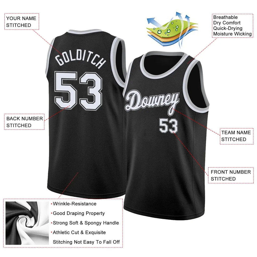 Custom Basketball Jersey Black White Gray Round Neck Rib Knit Sublimation, Team Uniform Kit, Custom Name Number, Unisex Men Women Youth