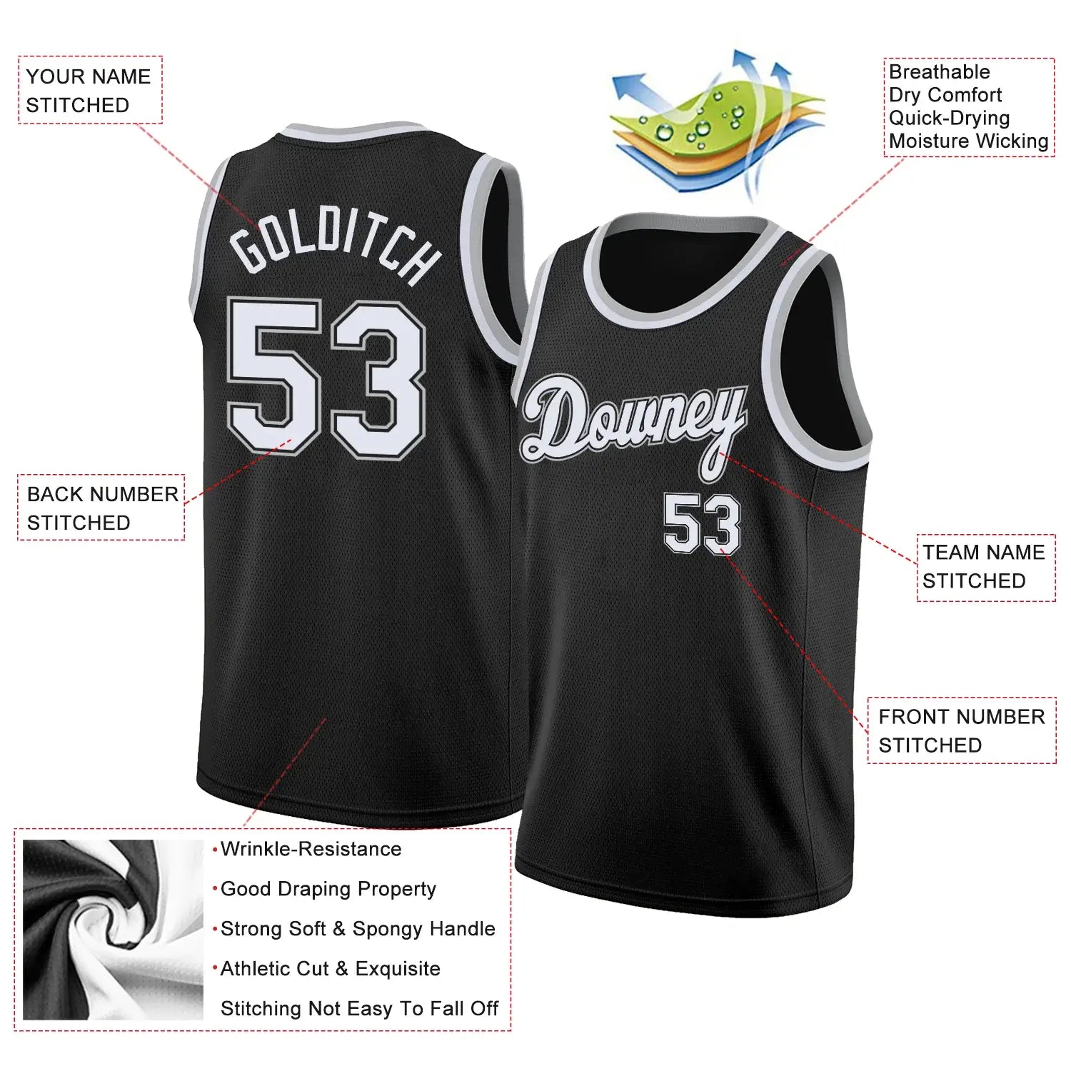 Custom Basketball Jersey Black White Gray Round Neck Rib Knit Sublimation, Team Uniform Kit, Custom Name Number, Unisex Men Women Youth