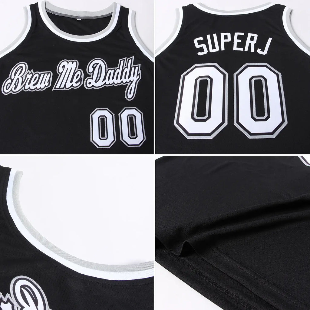 Custom Basketball Jersey Black White Gray Round Neck Rib Knit Sublimation, Team Uniform Kit, Custom Name Number, Unisex Men Women Youth