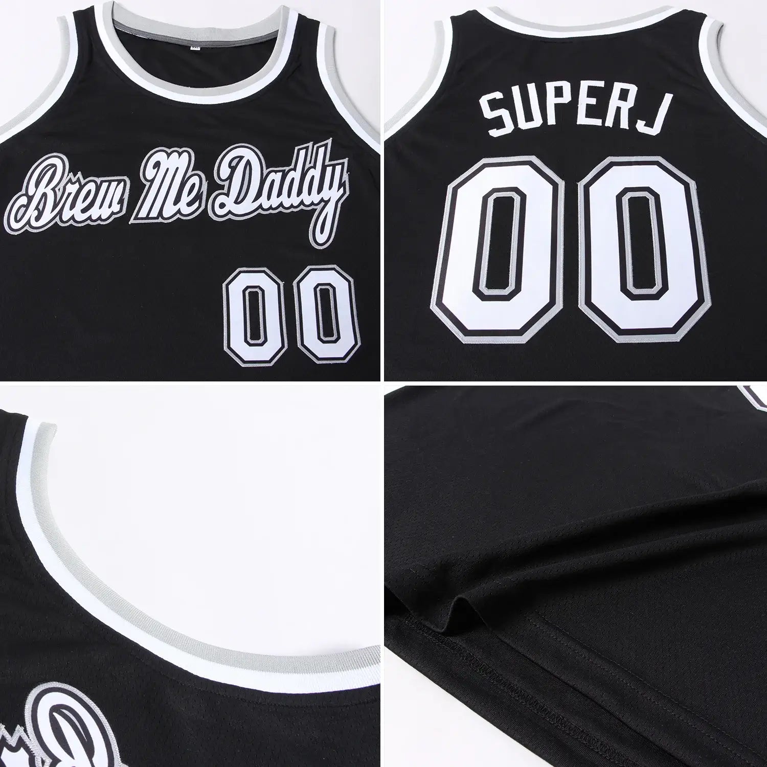 Custom Basketball Jersey Black White Gray Round Neck Rib Knit Sublimation, Team Uniform Kit, Custom Name Number, Unisex Men Women Youth