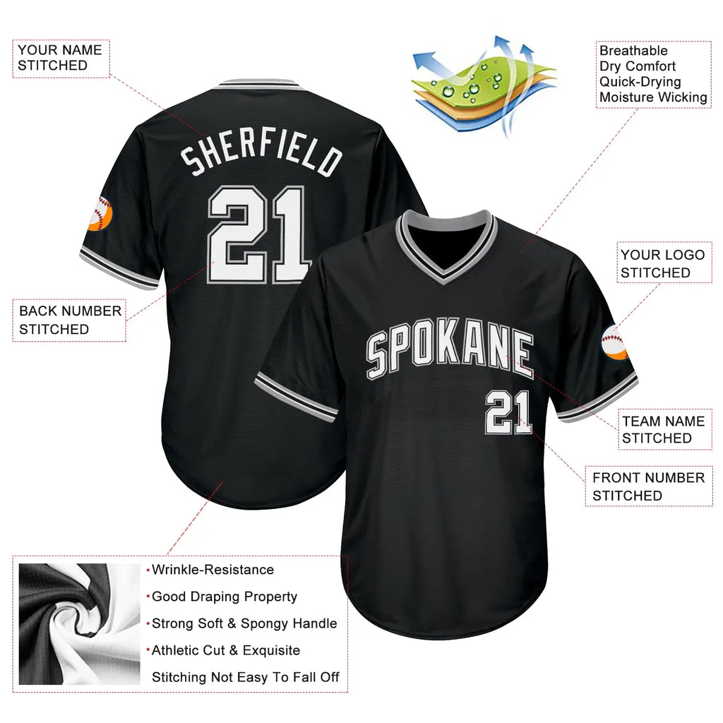 Custom Throwback Baseball Jersey Black White Gray Sublimation, Custom Name Number, Men Youth Unisex