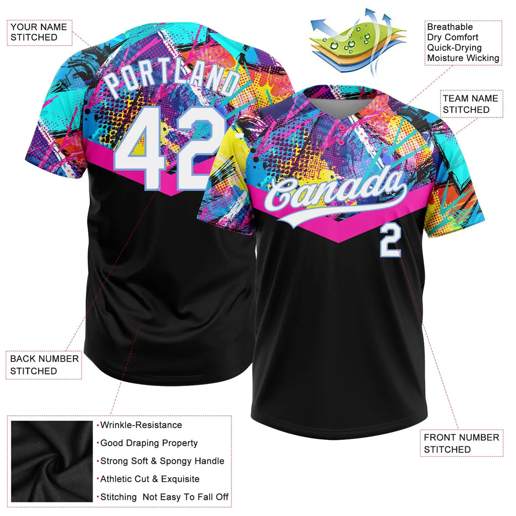 Custom 2-Button Softball Jersey 3D Pattern Black White Light Blue Sublimation, Custom Name Number, Women Girls Unisex Youth