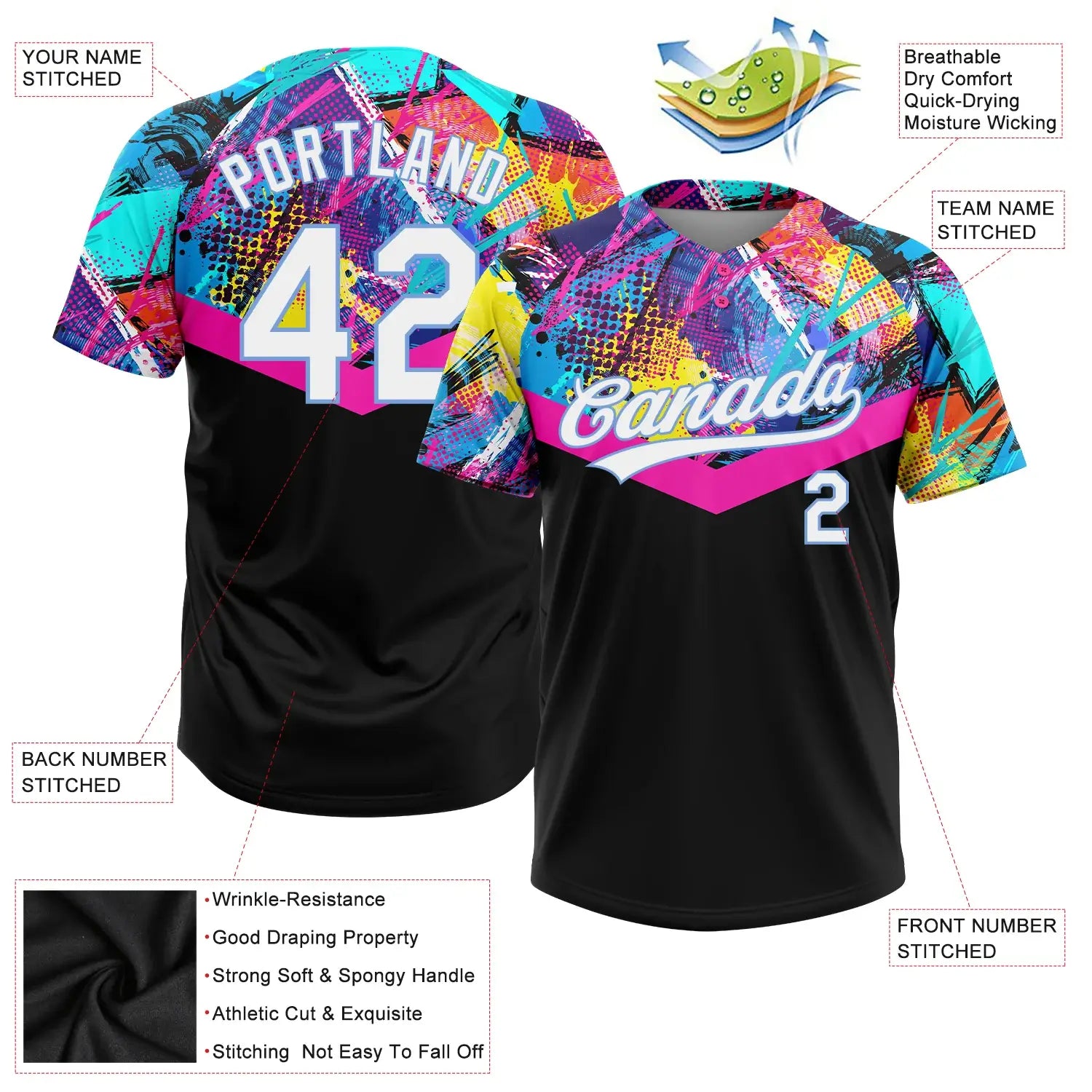 Custom 2-Button Softball Jersey 3D Pattern Black White Light Blue Sublimation, Custom Name Number, Women Girls Unisex Youth