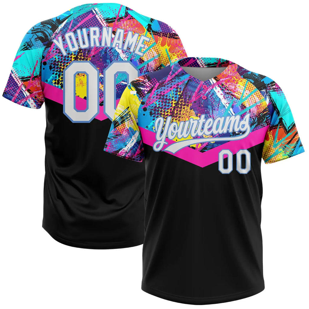 Custom 2-Button Softball Jersey 3D Pattern Black White Light Blue Sublimation, Custom Name Number, Women Girls Unisex Youth