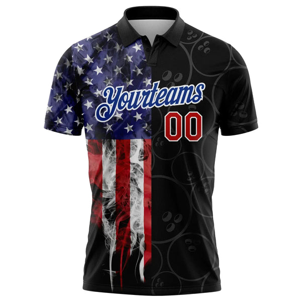 Custom Golf Polo Shirt Black Red Royal 3D Pattern Design Bowling Ball American Flag Performance Sublimation, Custom Logo, Men Women Unisex