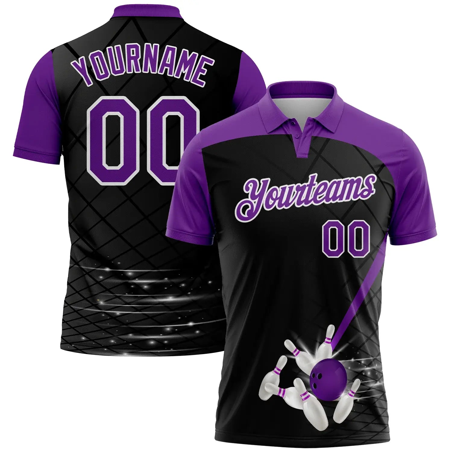 Custom Golf Polo Shirt Black Purple White 3D Pattern Design Bowling Performance Sublimation, Custom Logo, Men Women Unisex