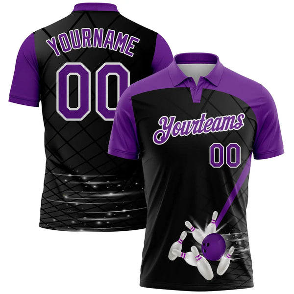 Custom Golf Polo Shirt Black Purple White 3D Pattern Design Bowling Performance Sublimation, Custom Logo, Men Women Unisex