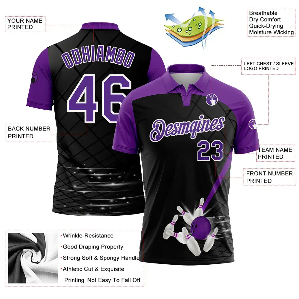 Custom Golf Polo Shirt Black Purple White 3D Pattern Design Bowling Performance Sublimation, Custom Logo, Men Women Unisex