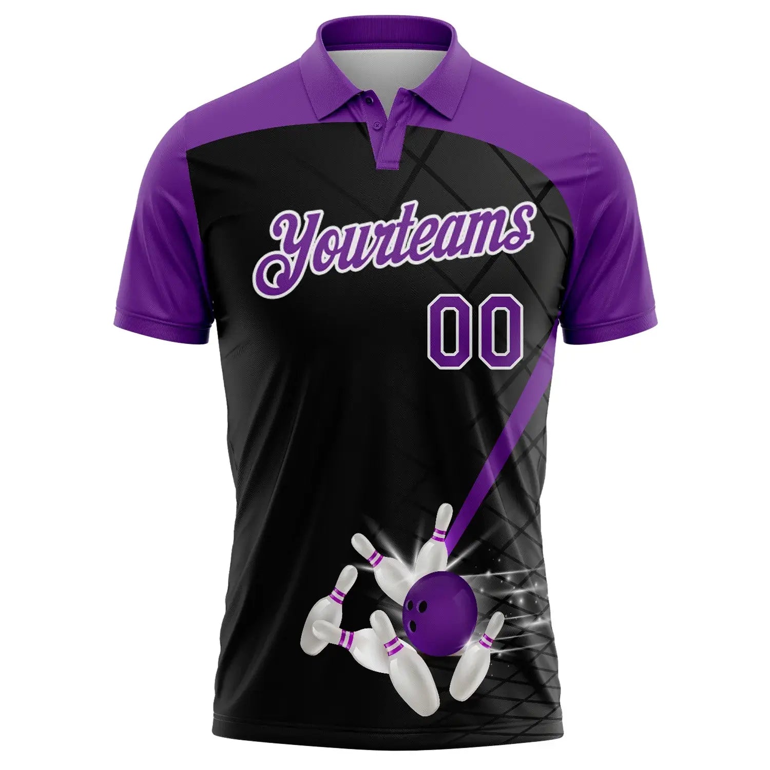 Custom Golf Polo Shirt Black Purple White 3D Pattern Design Bowling Performance Sublimation, Custom Logo, Men Women Unisex