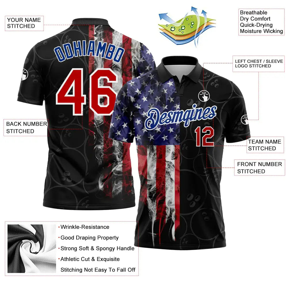 Custom Golf Polo Shirt Black Red Royal 3D Pattern Design Bowling Ball American Flag Performance Sublimation, Custom Logo, Men Women Unisex